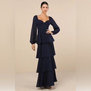 NWT Flawless Excellence Navy Blue Tiered Long Sleeve Maxi Dress